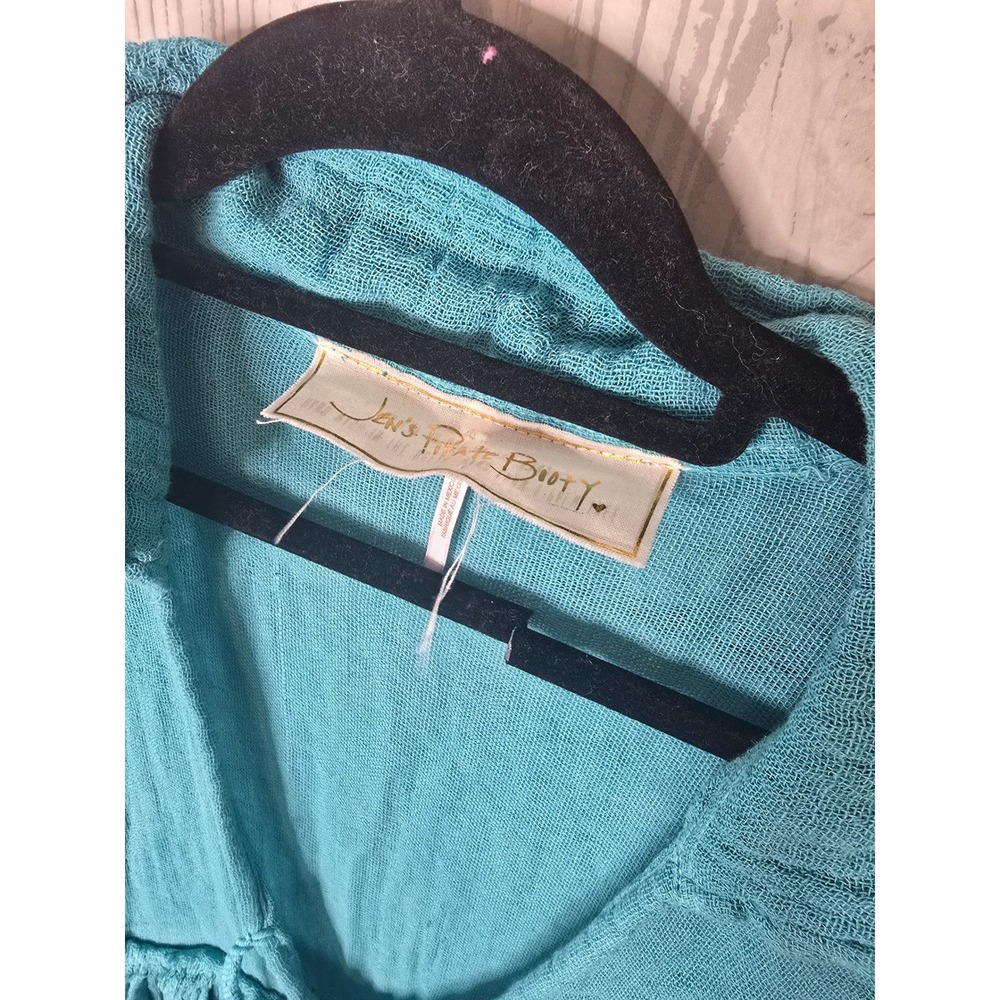 Jens Pirate Booty Turquoise Blue Gauze Bell Sleeve Tunic Top Womens Size Medium - Picture 6 of 7